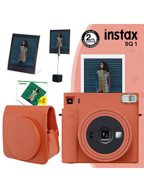 Instax SQ1 Terracotta Turuncu Fotoğraf Makinesi 20li Kare Film Deri Kılıf Pleksi Çerçeve ve Kıskaçlı Stand