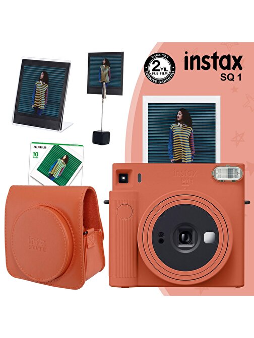 Instax SQ1 Terracotta Turuncu Fotoğraf Makinesi 10lu Kare Film Deri Kılıf Pleksi Çerçeve ve Kıskaçlı Stand