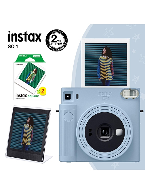 Instax SQ1 Buz Mavi Fotoğraf Makinesi 20li Kare Film ve Pleksi Çerçeve