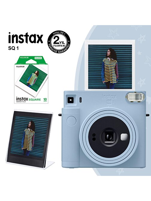 Instax SQ1 Buz Mavi Fotoğraf Makinesi 10lu Kare Film ve Pleksi Çerçeve