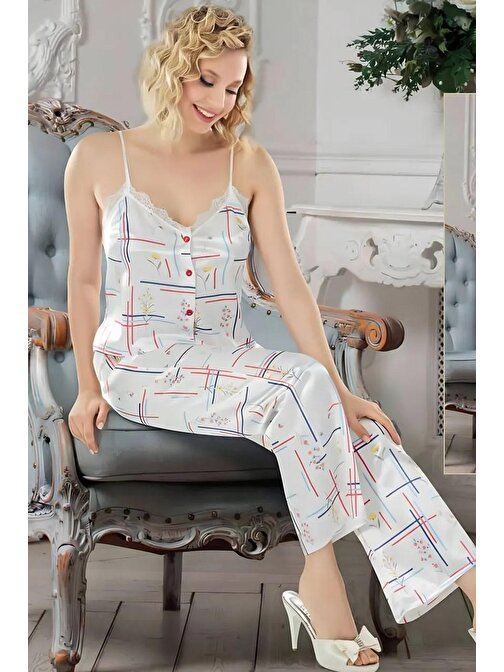 Kadın Çiçek Desenli Saten Pijama Takımı Ekru