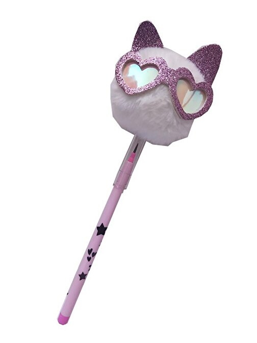 Artlantis Peluş Kalpli Kedi Gözlüklü Figürlü Yumurtlayan Kalem Kedi Gözlük Şekilli Yumurtlayan Kalem Hediye Kalem Tüylü Sevimli Kalem Beyaz