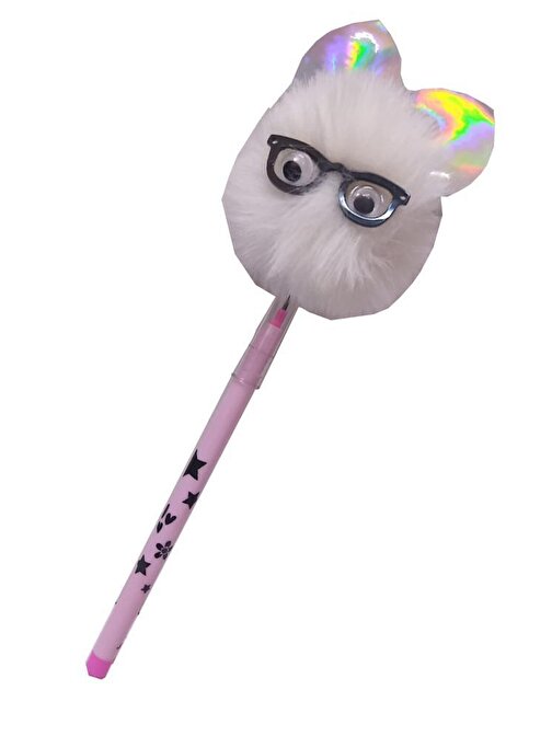 Artlantis Peluş Kedi Gözlüklü Figürlü Yumurtlayan Kalem Kedi Gözlük Şekilli Yumurtlayan Kalem Hediye Kalem Tüylü Sevimli Kalem Beyaz