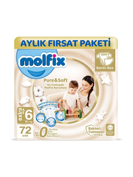 Molfix Pure Soft 16 + kg 6 Numara Aylık Fırsat Paketi Bebek Bezi 72 Adet