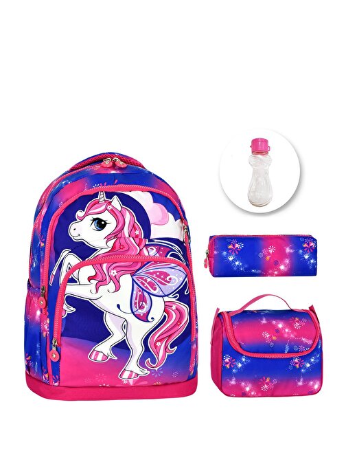Mor Pony Okul Çantası + Beslenme + Suluk - Unicorn İlkokul Çantası Pony Kız Çocuk Okul Çantası