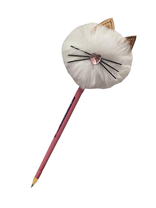 Artlantis Kedi Ponpon Peluş Kurşun Kalem Peluş Tüylü Kedi Figürlü Kurşun Kalem Hediye Kalem Tüylü Sevimli Kalem Beyaz