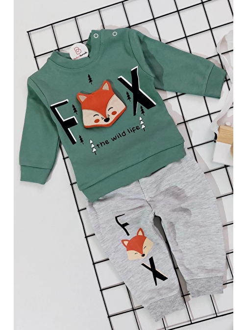 Bebeci Burada Fox The Wild Life Baskılı Bebek 2'li Takım Yeşil 9 - 12 Ay