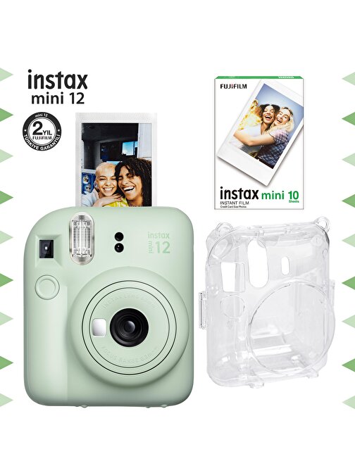 Instax mini 12 Yeşil Fotoğraf Makinesi-10'lu Film ve Şeffaf Kılıf Seti