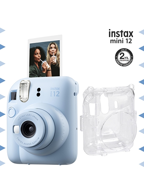 Instax mini 12 Mavi Fotoğraf Makinesi ve Şeffaf Kılıf Seti