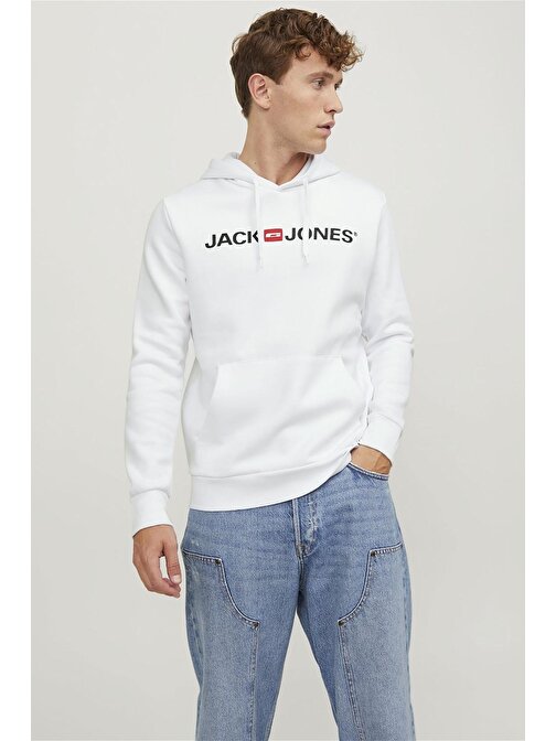 Jack & Jones Erkek Jjecorp Baskılı Kapüşonlu Sweatshirt 12137054 Beyaz