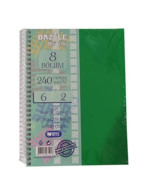 Artlantis Orta Boy 6+2 Ayraçlı Defter 8 Konulu 240 Yaprak 1 Adet 6 Kareli 2 Çizgili Spralli Plastik Kapak Seperatörlü 18X25 Cm Yeşil