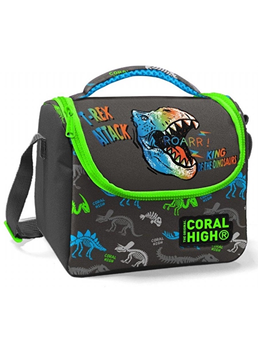 Coral High Erkek Çocuk Siyah Yeşil T-Rex Okul Beslenme Çantası - Yalıtımlı