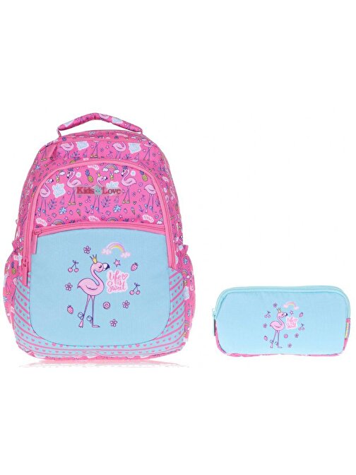 Kaukko Kids&LoVe Su Geçirmez Pembe-Mavi Flamingo İlkokul Çanta Ve Kalemlik Seti - Kız Çocuk