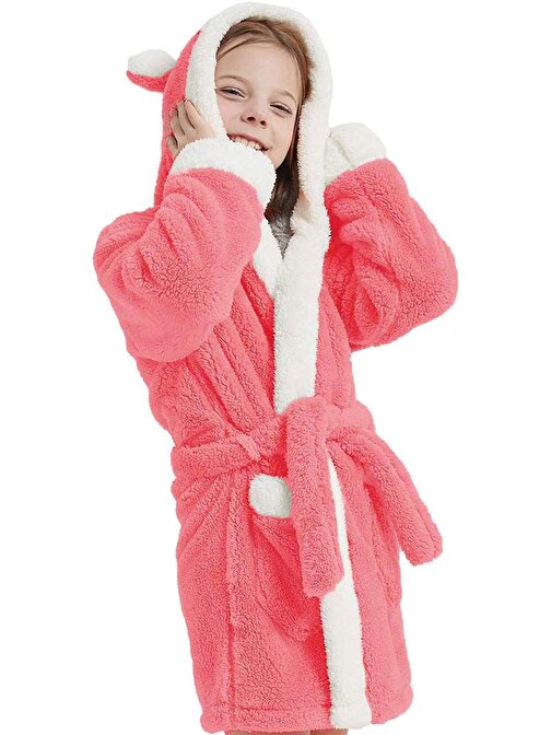 Bunny Kapşonlu Unisex Wellsoft Çocuk Peluş Sabahlık Bornoz Pembe6-7 Yaş