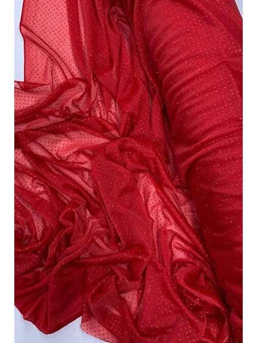 Nefertiya Yağmur Damlası Simli Abiye Elbise Şallık Tül Kumaş Kırmızı 21
