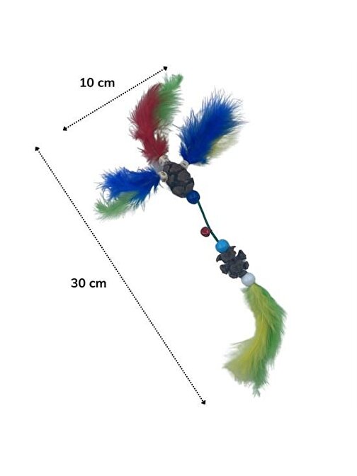 Nefertiya Tüylü Tahta Boncuklu Zilli Kedi Oyuncağı Çok Renkli Kedi Oyuncak