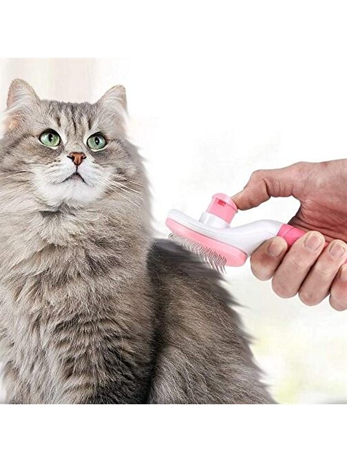 Kedi Köpek Tüy Toplayıcı Kendini Temizleyebilen Ergonomik Saplı Evcil Hayvan Tarağı Pembe