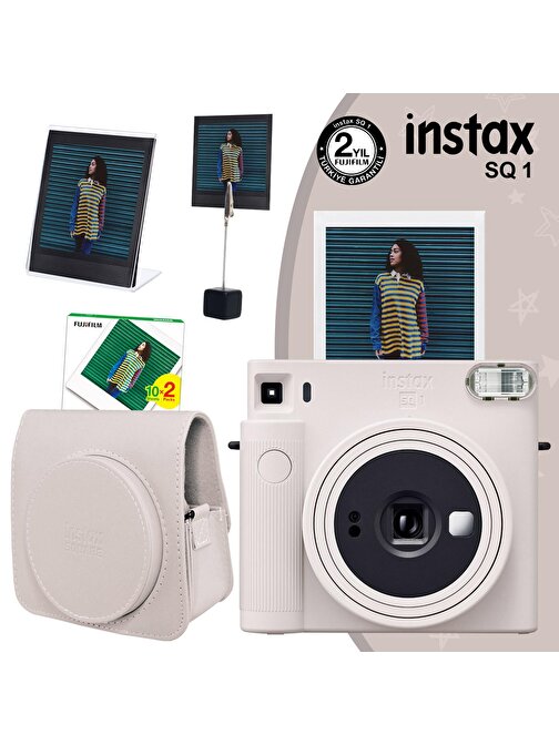 Instax SQ1 Beyaz Fotoğraf Makinesi 20li Kare Film Deri Kılıf Pleksi Çerçeve ve Kıskaçlı Stand