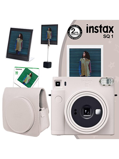 Instax SQ1 Beyaz Fotoğraf Makinesi 10lu Kare Film Deri Kılıf Pleksi Çerçeve ve Kıskaçlı Stand