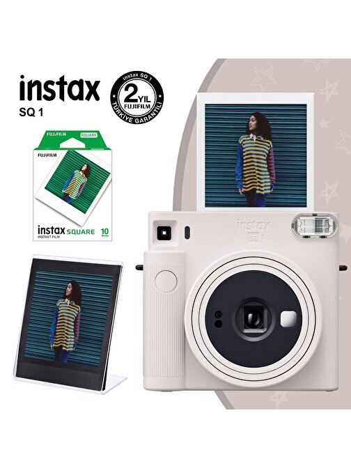 Instax SQ1 Beyaz Fotoğraf Makinesi 10lu Kare Film ve Pleksi Çerçeve