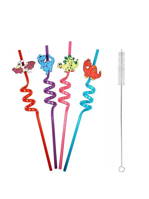 Can İthalat 5 Parça Renkli Pipet Seti - Emojili Spiral Kokteyl- Çocuk Pipeti Temizleme Fırçalı