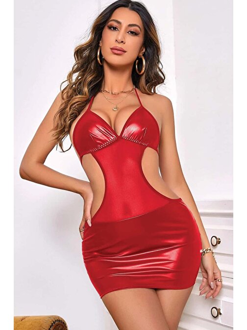 Kadın Fantezi Deri Kostüm Harness Erotik Kıyafet D21009 Kırmızı