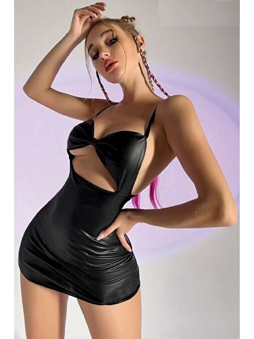 Kadın Fantezi Deri Kostüm Harness Erotik Kıyafet D21012 Siyah