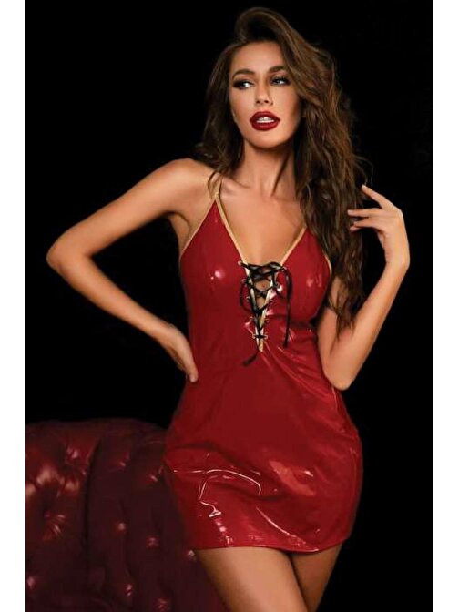 Kadın Fantezi Deri Kostüm Harness Erotik Kıyafet D21020 Kırmızı