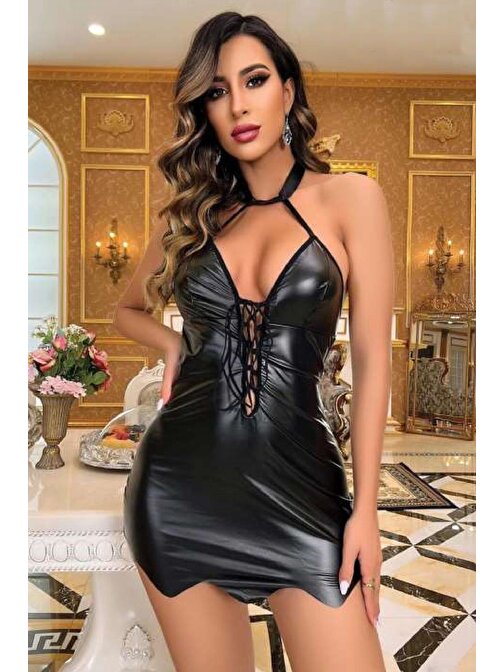 Kadın Fantezi Deri Kostüm Harness Erotik Kıyafet D21023 Siyah
