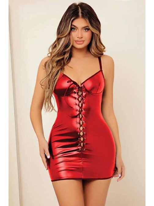 Kadın Fantezi Deri Kostüm Harness Erotik Kıyafet D21032 Kırmızı