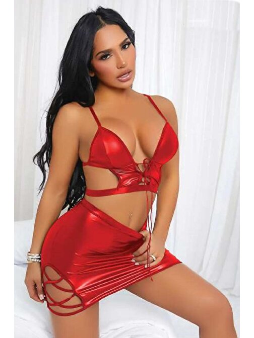 Kadın Fantezi Deri Kostüm Harness Erotik Kıyafet D21033 Kırmızı