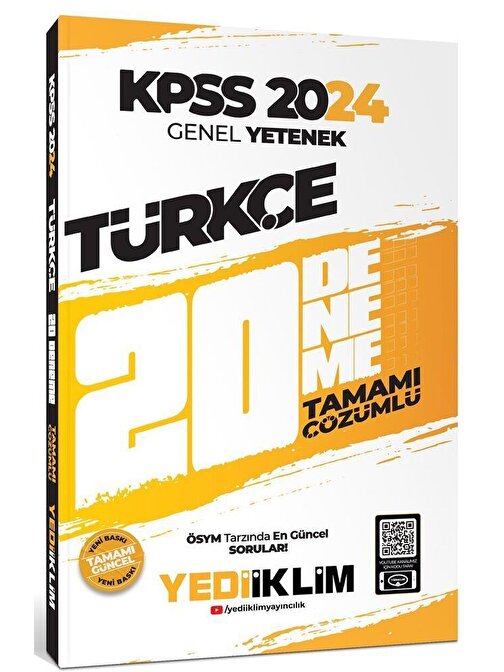 Yediiklim Yayınları 2024 KPSS Genel Yetenek Türkçe Tamamı Çözümlü 20 Deneme Yediiklim Yayınları