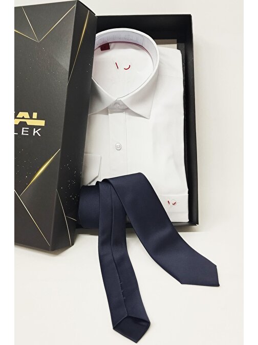 Gömlek Kravat Seti(Hediye Kutulu Klasik Beyaz Gömlek+Düz Saten Kravat)