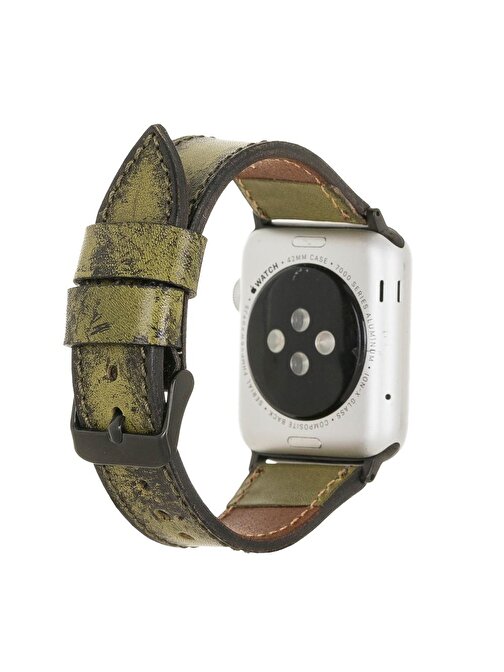 Apple Watch Uyumlu Deri Kordon 38 - 40 - 41mm Vintage V25SEF Haki Yeşili Siyah Aksesuar