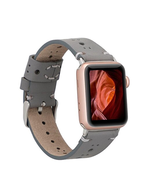 Plm Apple Watch 42 - 44 - 45 mm Deri Akıllı Saat Kordonu Ba8 Rst9 Gri