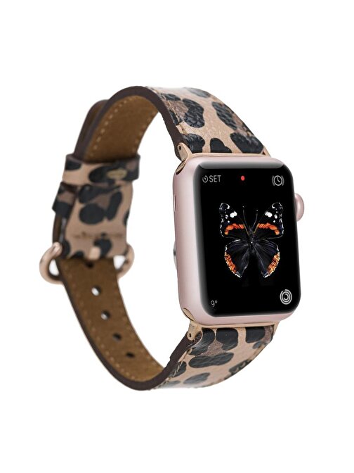 Bouletta Apple Watch 38 - 40 - 41 mm Deri Roma Leopar Akıllı Saat Kordonu Bej - Siyah
