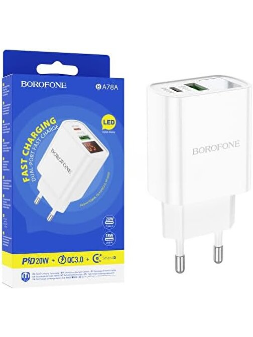 Borofone Pd20W + Qc 3.0 Duvar Tipi Şarj Cihazı Led Göstergeli Çift Çıkışlı Telefon Tablet Şarj Kafa Dual Port Smart Id Beyaz Renk Ba78A