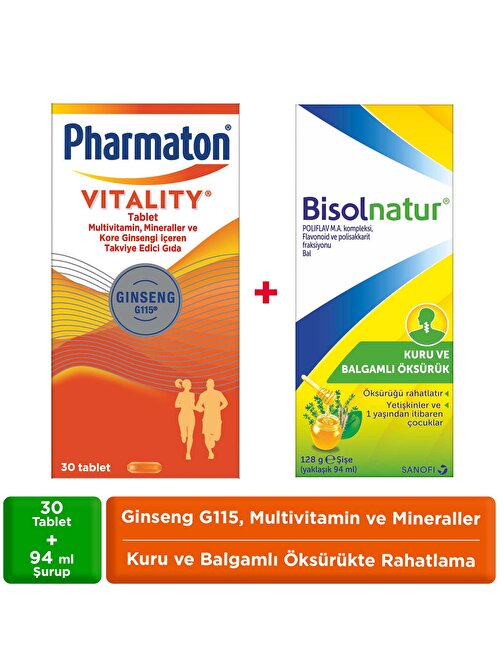 Pharmaton Vitality 30 Tablet & Bisolnatur Öksürük Şurubu, Enerjik ve Boğaz Rahatlatıcı Paket