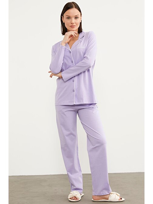 Şal Yaka Gömlek Pijama Takım - Lila