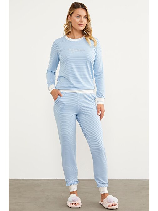 Çizgili Sıfır Yaka Pijama Takım - Mavi