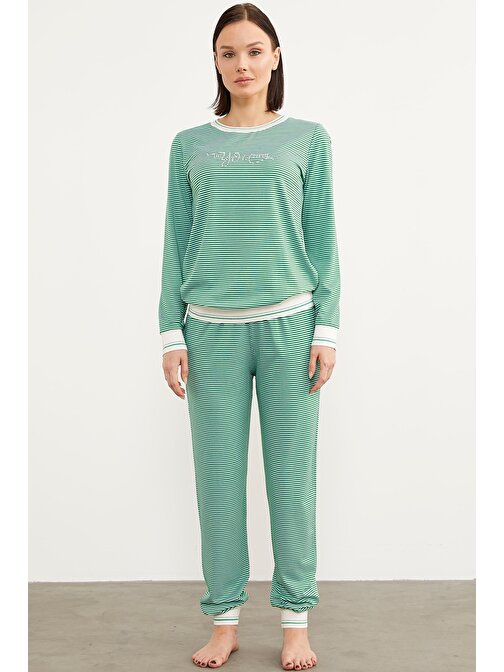 Çizgili Sıfır Yaka Pijama Takım - Yeşil