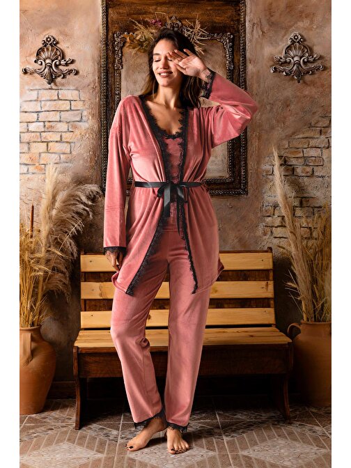 Nisanca Kışlık Sabahlıklı Kadın Kadife Pijama Takımı- 3 Parça Çeyizlik Kadife Set