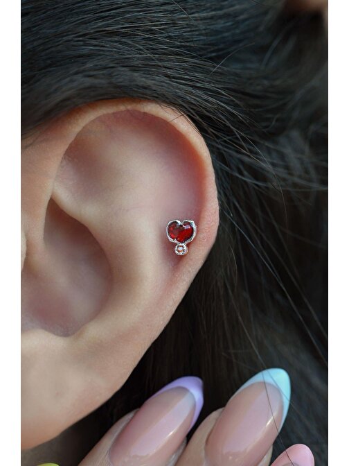 Gümüş Renkli Mini Kırmızı Kalpli Helix Piercing Kıkırdak Lob