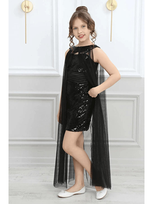 Bollywood Pelerinli Kız Çocuk Elbisesi - Pul Payet Işlemeli Balo Gece Düğün Mezuniyet Elbisesi Kıyafet - Kız Çocuk Abiye
