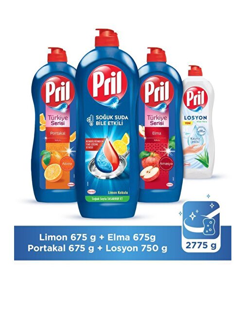 Pril Elde Yıkama Sıvı Bulaşık Deterjanı 4'Lü Set (3X675) Adana Portakalı+Amasya Elması+Limon+Aloe Vera (750)