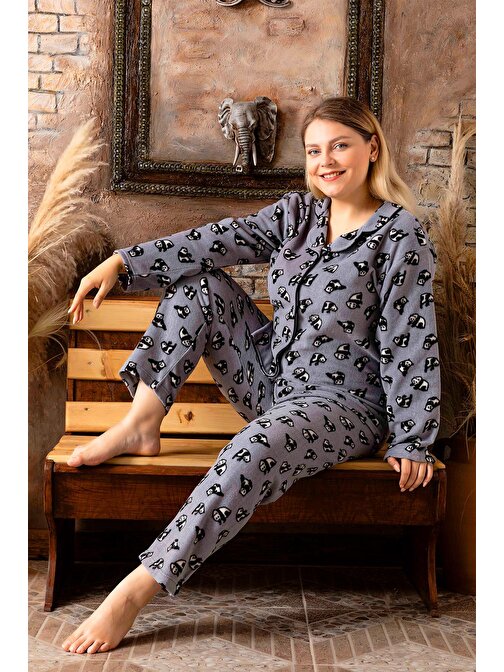 Nisanca Büyük Beden Kışlık Düğmeli Gömlek Pijama Takımı