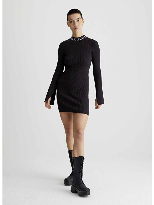 Calvin Klein Jeans Yarım Balıkçı Yaka Düz Siyah Diz Üstü Kadın Elbise J20J222719BEH