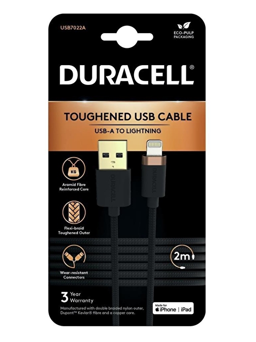 Duracell 2m Lightning to USB-A Örgülü Şarj Kablosu - Siyah