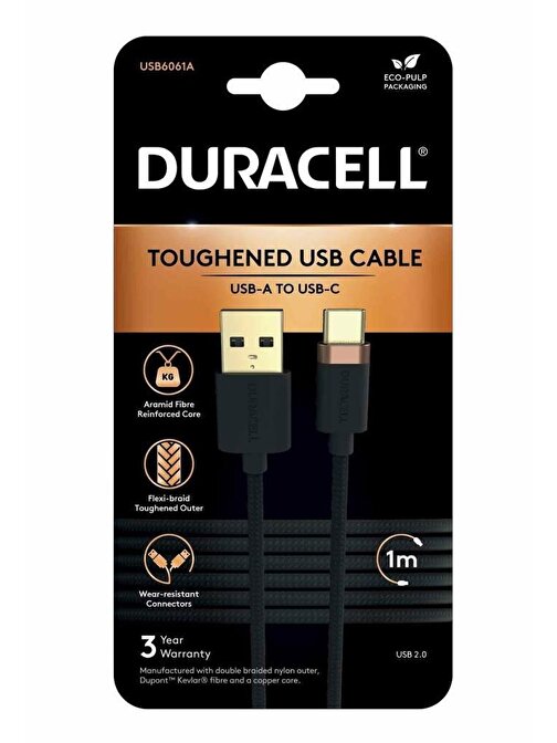 Duracell 1m USB-C to USB-C Örgülü Şarj Kablosu - Siyah