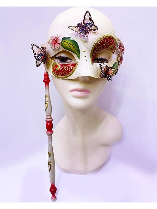 Kırmızı Renk Kelebek İşlemeli Tutmalı Venedik Göz Maskesi 33 x 17 cm 3877
